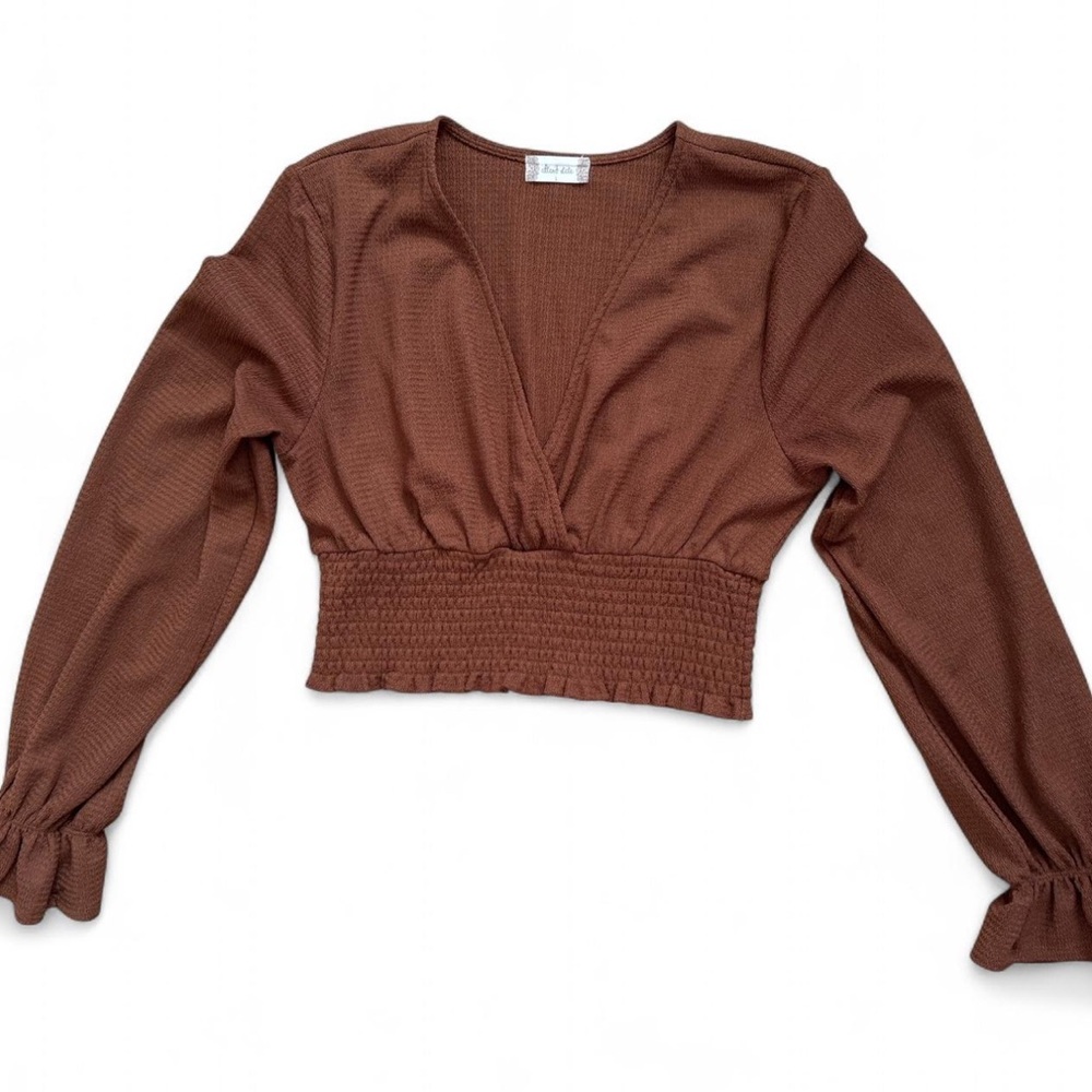 Altar’d State Long Sleeve Ruffle Crop Top Brown Rust Orange Size Large